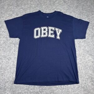 Obey Worldwide Graphic T-Shirt Navy Blue Collegiate Logo Tee Mens XL